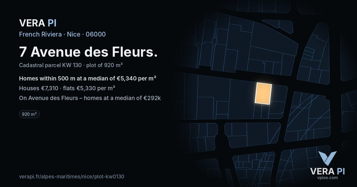 7 Avenue des Fleurs, Nice at night – the plot lit, the parcels around coloured by the prices near them