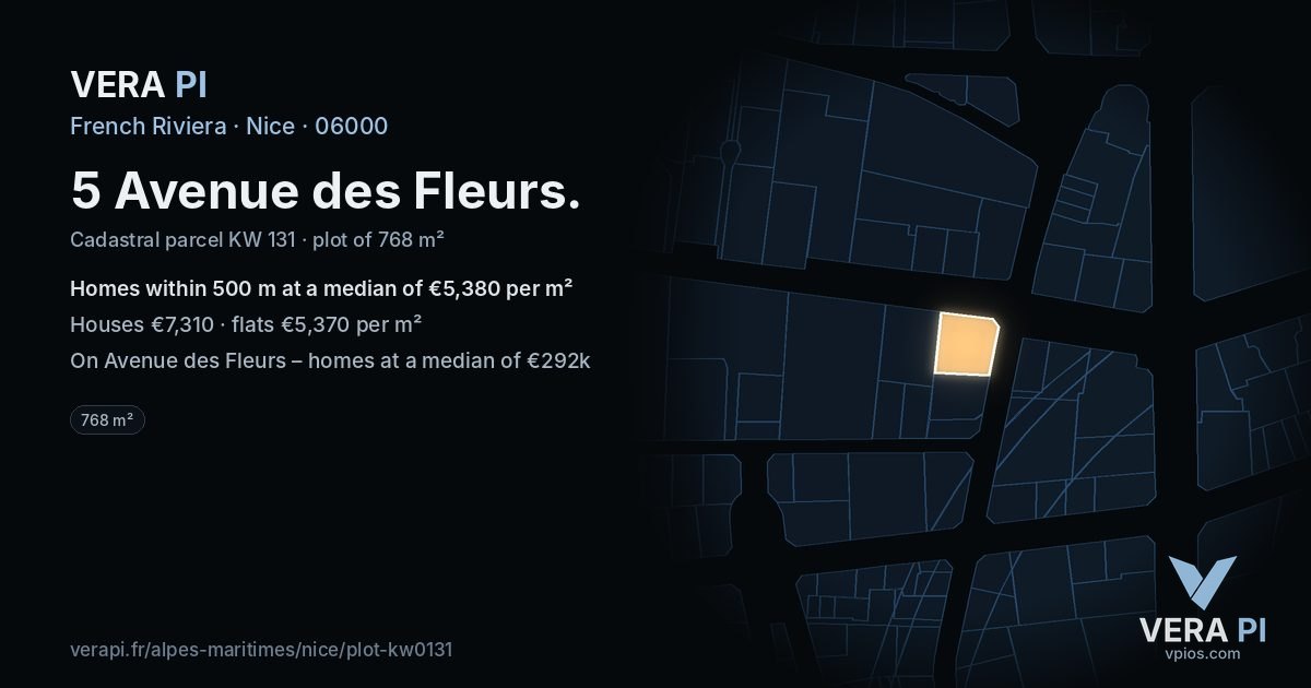 5 Avenue des Fleurs, Nice at night – the plot lit, the parcels around coloured by the prices near them