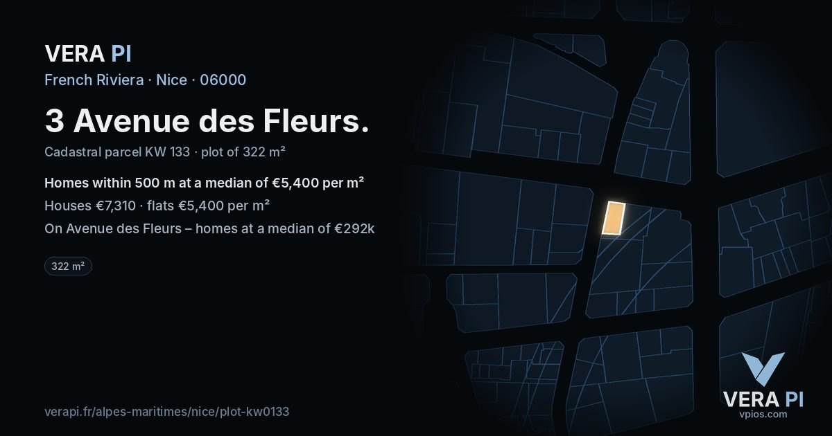 3 Avenue des Fleurs, Nice at night – the plot lit, the parcels around coloured by the prices near them