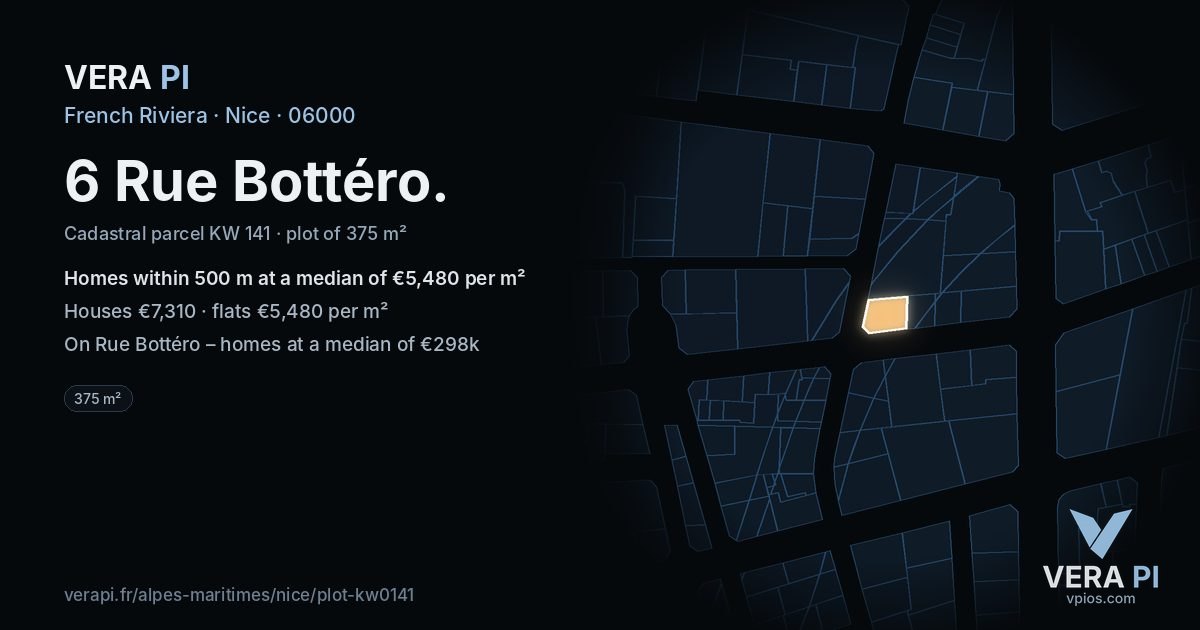 6 Rue Bottéro, Nice at night – the plot lit, the parcels around coloured by the prices near them