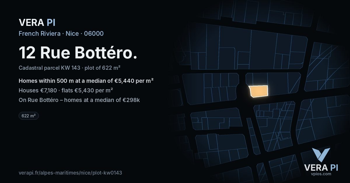12 Rue Bottéro, Nice at night – the plot lit, the parcels around coloured by the prices near them