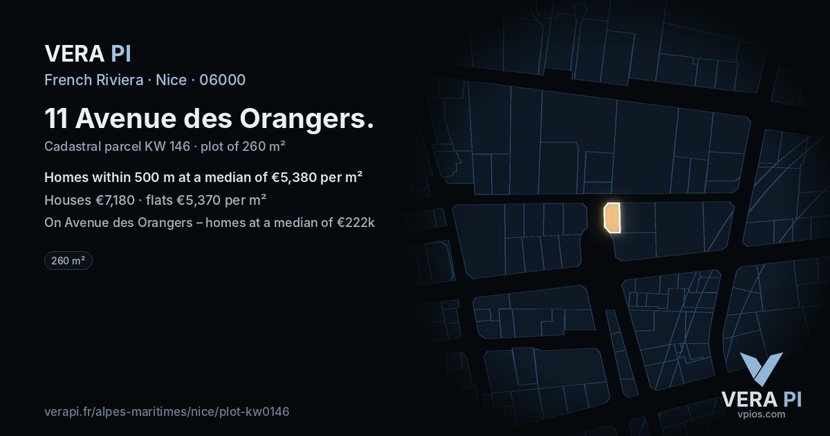 11 Avenue des Orangers, Nice at night – the plot lit, the parcels around coloured by the prices near them