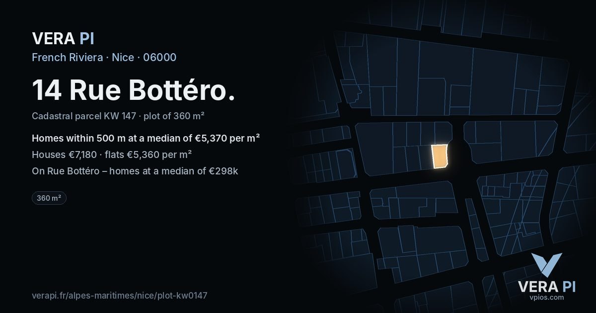 14 Rue Bottéro, Nice at night – the plot lit, the parcels around coloured by the prices near them