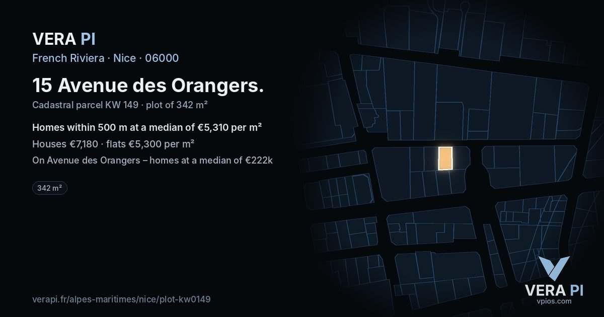 15 Avenue des Orangers, Nice at night – the plot lit, the parcels around coloured by the prices near them