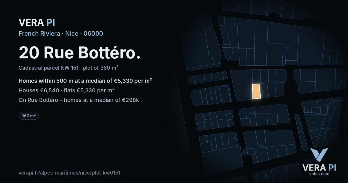 20 Rue Bottéro, Nice at night – the plot lit, the parcels around coloured by the prices near them