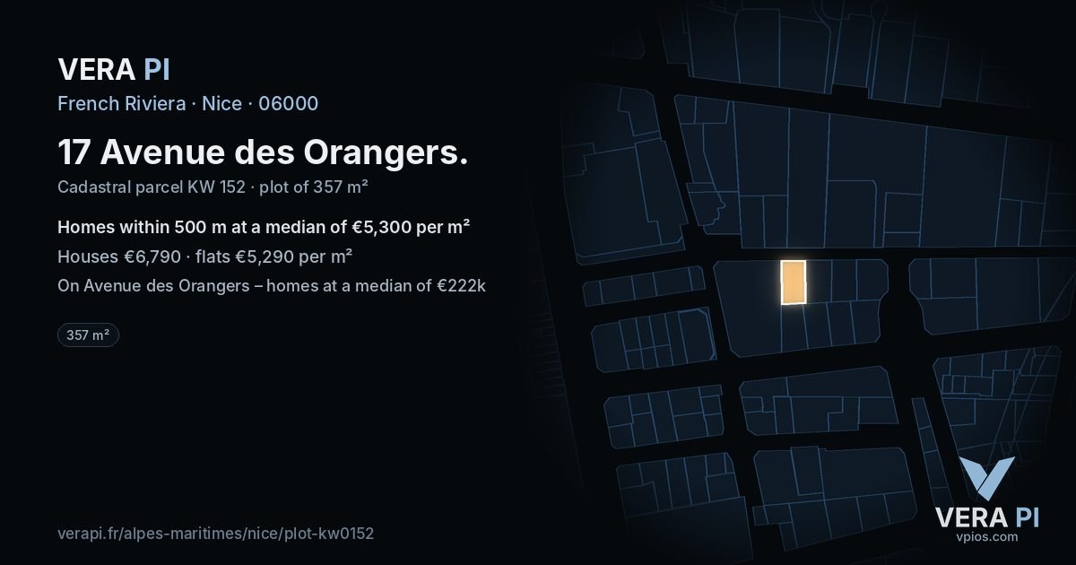 17 Avenue des Orangers, Nice at night – the plot lit, the parcels around coloured by the prices near them