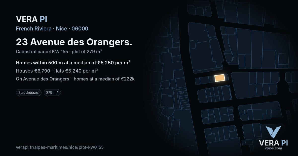 23 Avenue des Orangers, Nice at night – the plot lit, the parcels around coloured by the prices near them