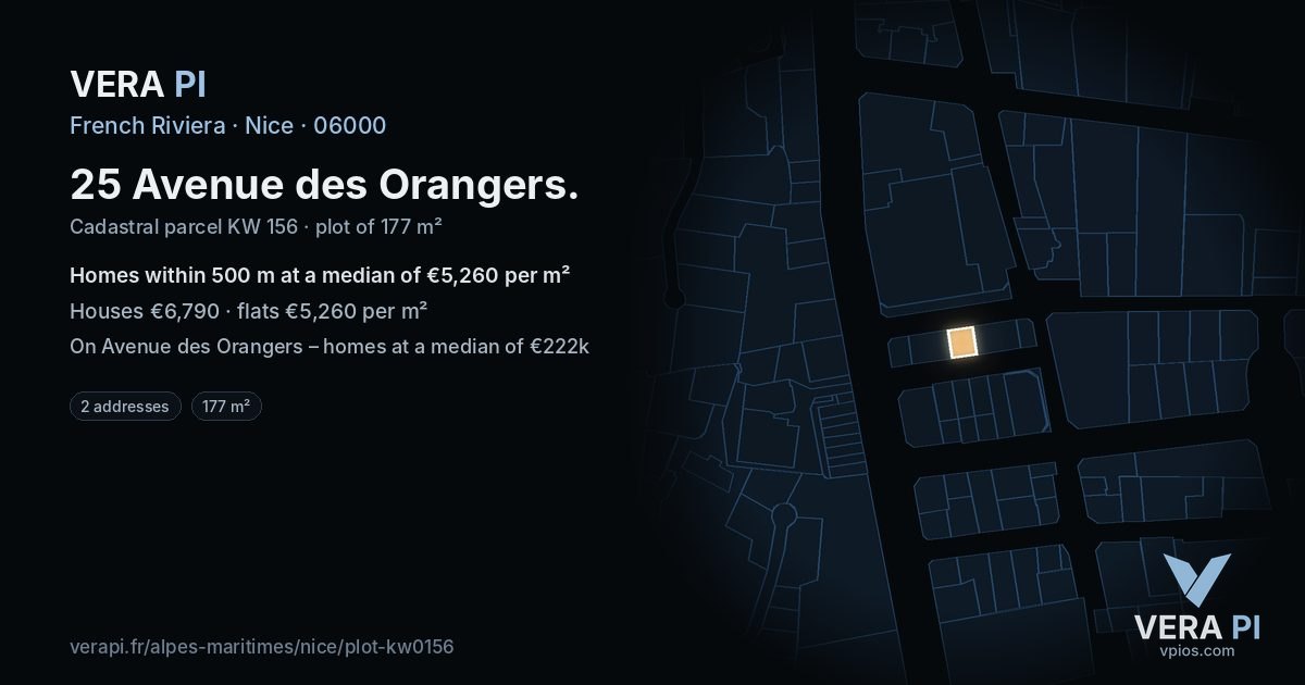 25 Avenue des Orangers, Nice at night – the plot lit, the parcels around coloured by the prices near them