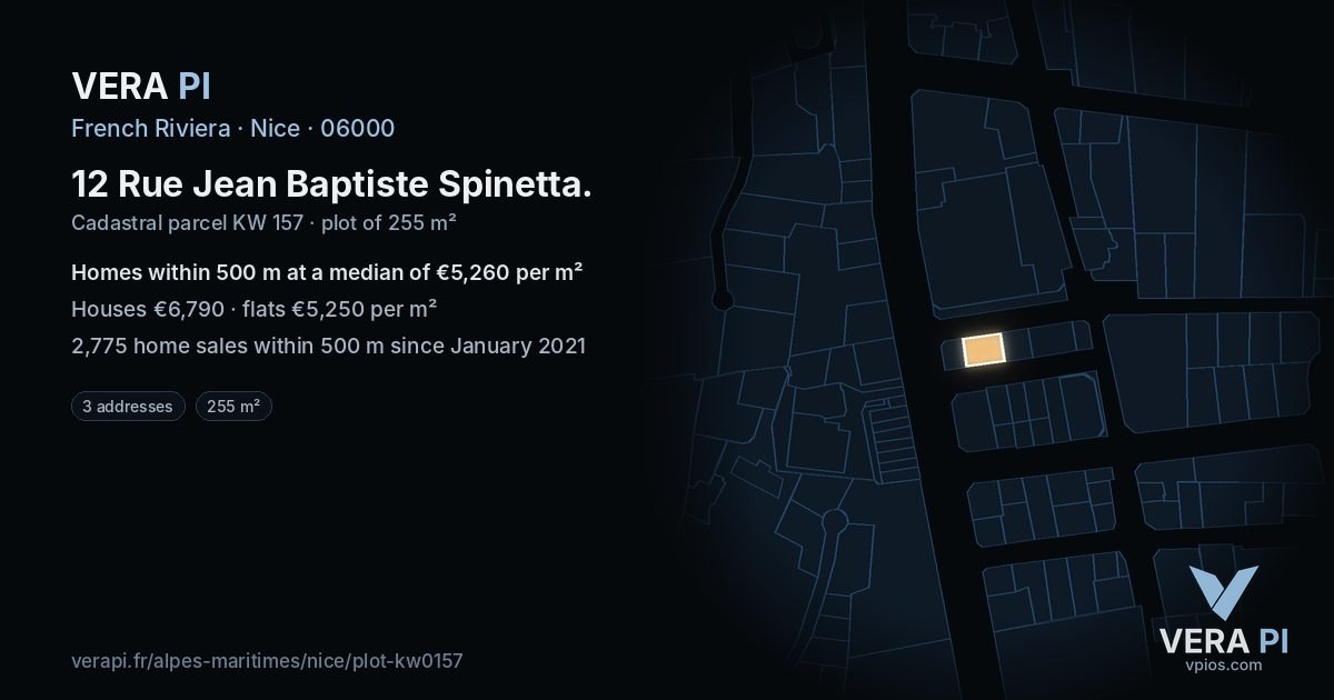 12 Rue Jean Baptiste Spinetta, Nice at night – the plot lit, the parcels around coloured by the prices near them