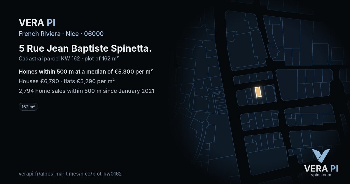 5 Rue Jean Baptiste Spinetta, Nice at night – the plot lit, the parcels around coloured by the prices near them