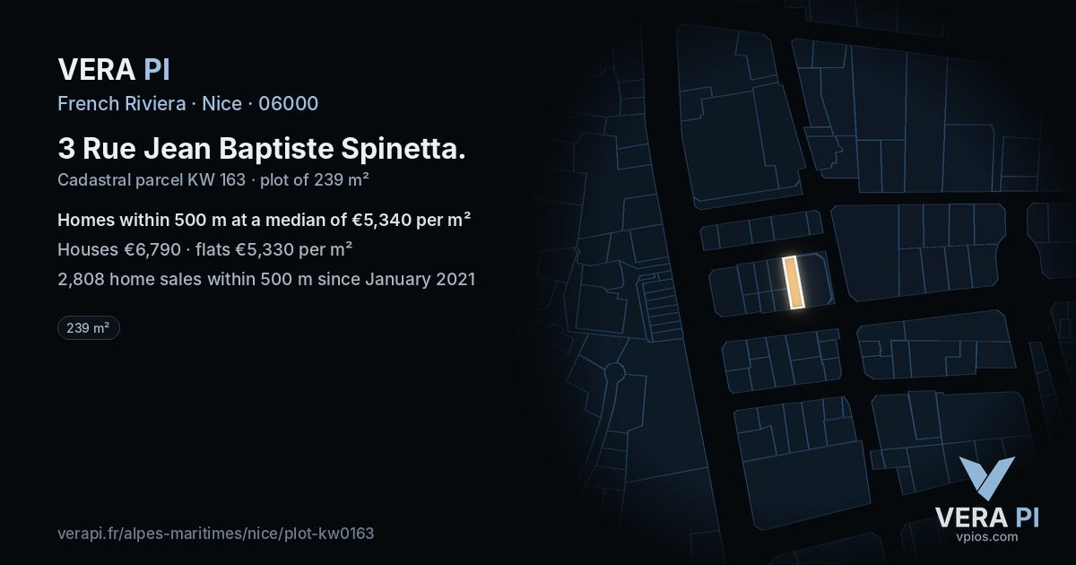 3 Rue Jean Baptiste Spinetta, Nice at night – the plot lit, the parcels around coloured by the prices near them