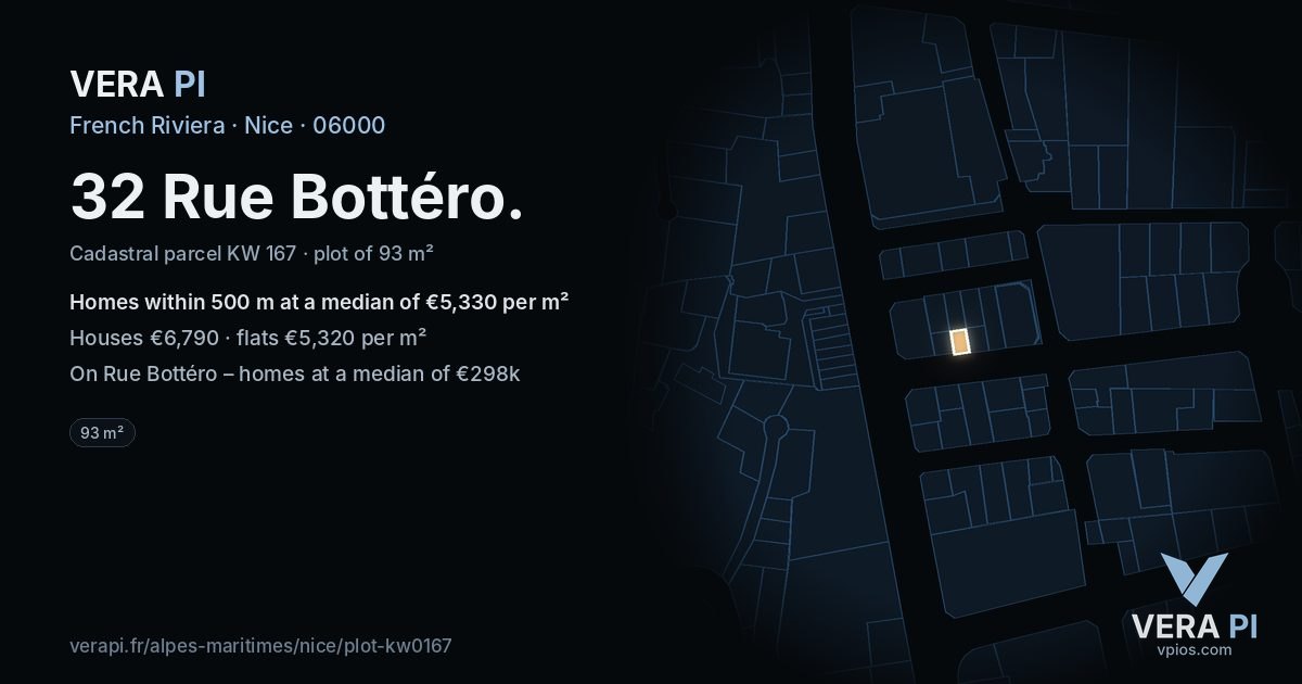 32 Rue Bottéro, Nice at night – the plot lit, the parcels around coloured by the prices near them