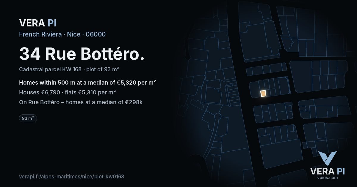 34 Rue Bottéro, Nice at night – the plot lit, the parcels around coloured by the prices near them