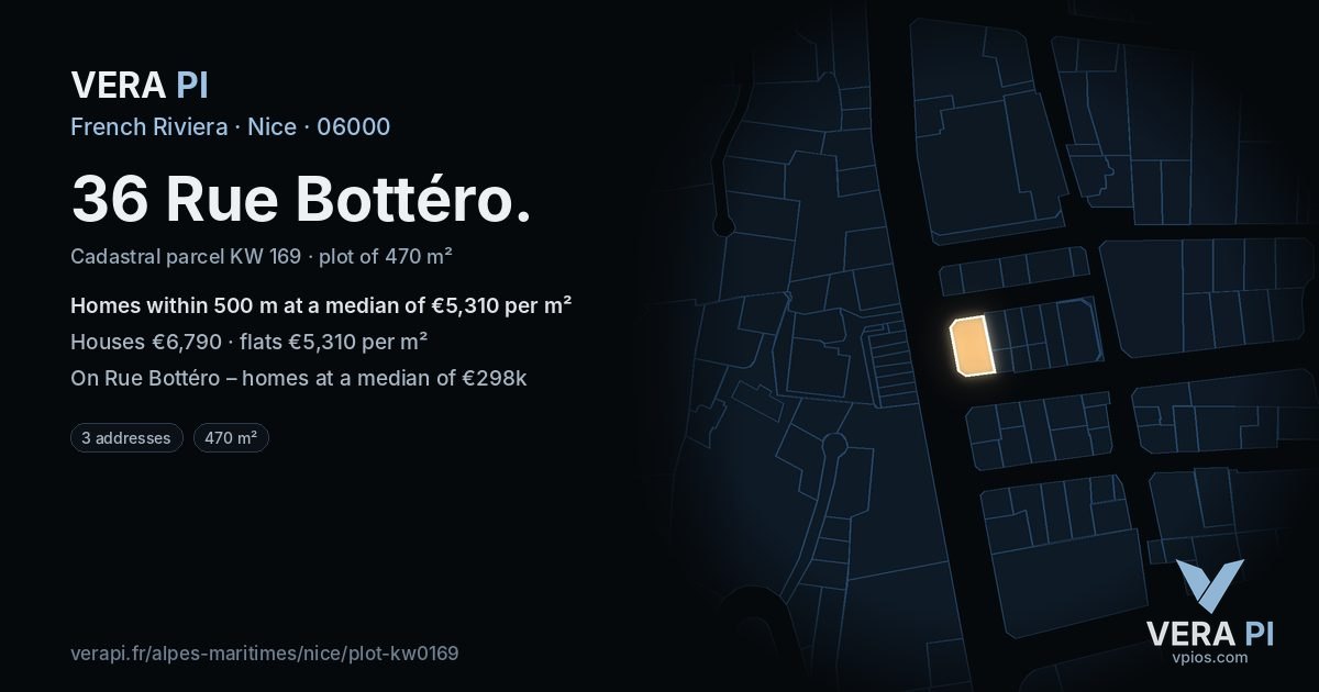 36 Rue Bottéro, Nice at night – the plot lit, the parcels around coloured by the prices near them