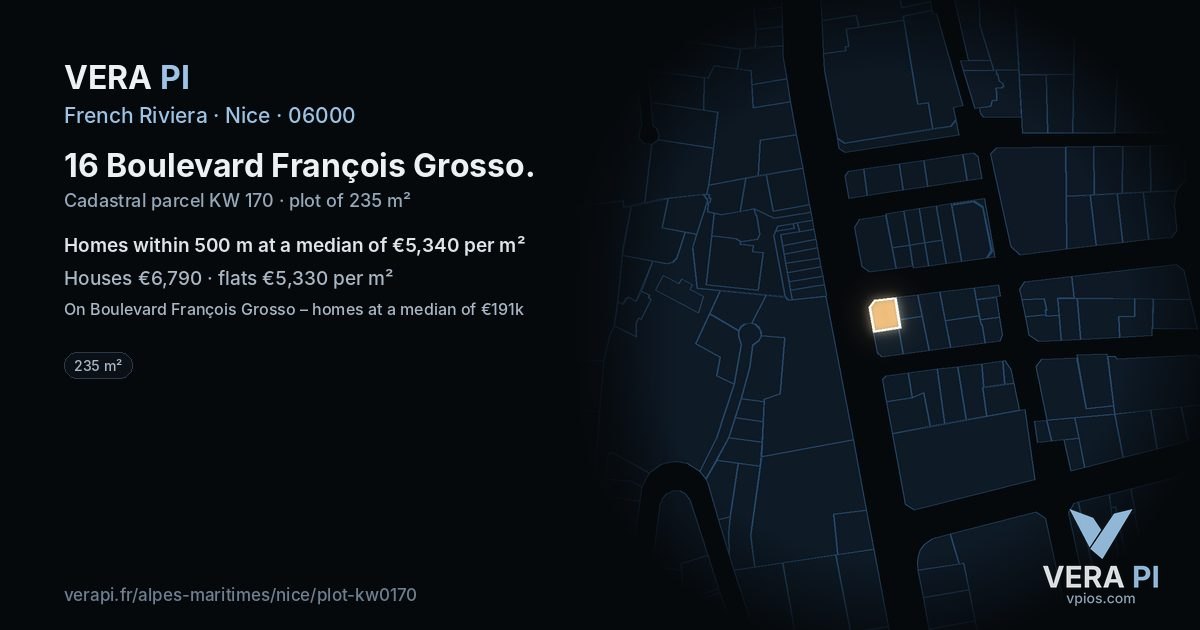 16 Boulevard François Grosso, Nice at night – the plot lit, the parcels around coloured by the prices near them