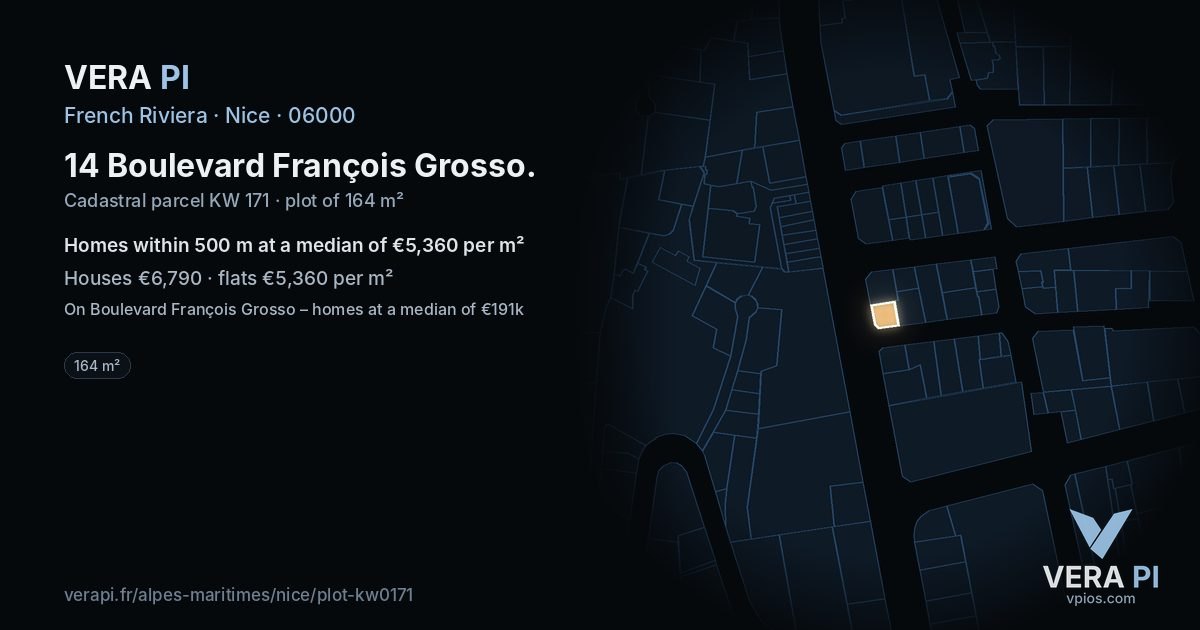 14 Boulevard François Grosso, Nice at night – the plot lit, the parcels around coloured by the prices near them