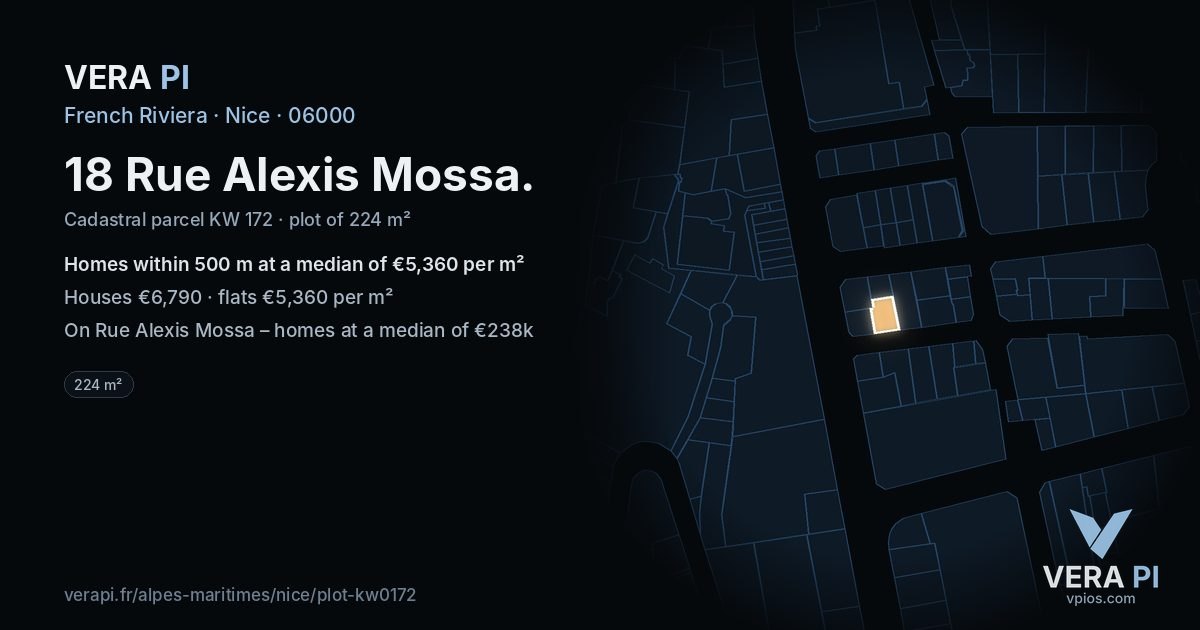 18 Rue Alexis Mossa, Nice at night – the plot lit, the parcels around coloured by the prices near them