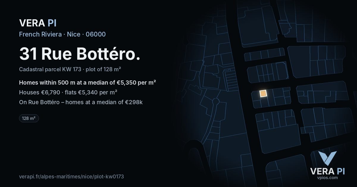 31 Rue Bottéro, Nice at night – the plot lit, the parcels around coloured by the prices near them