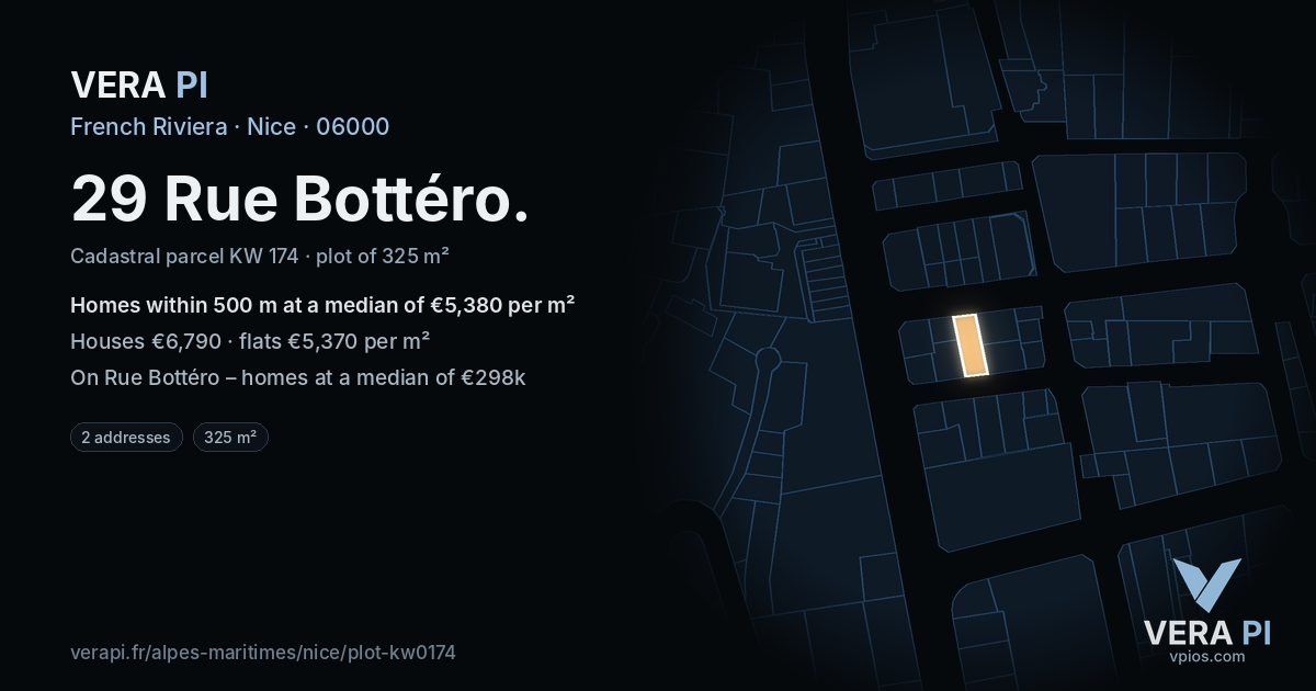 29 Rue Bottéro, Nice at night – the plot lit, the parcels around coloured by the prices near them
