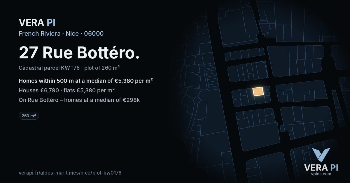 27 Rue Bottéro, Nice at night – the plot lit, the parcels around coloured by the prices near them