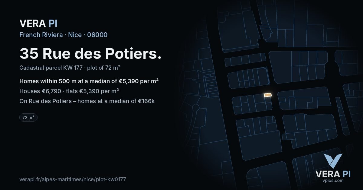 35 Rue des Potiers, Nice at night – the plot lit, the parcels around coloured by the prices near them