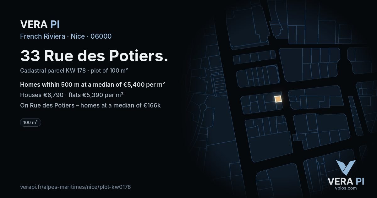 33 Rue des Potiers, Nice at night – the plot lit, the parcels around coloured by the prices near them