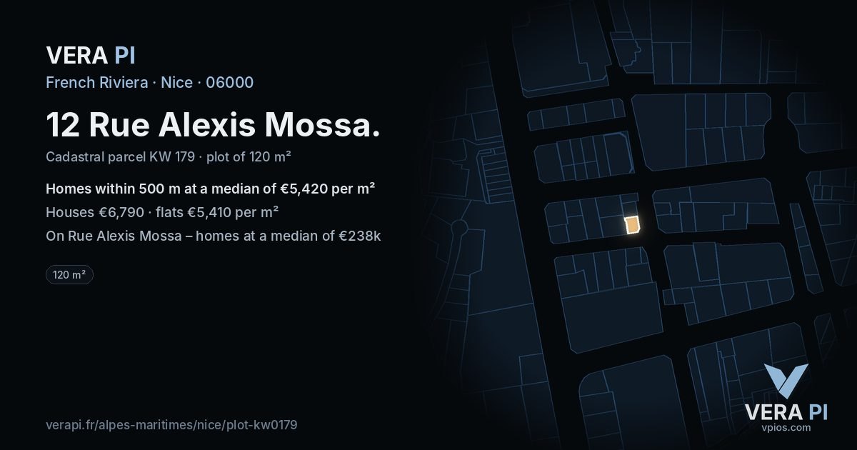 12 Rue Alexis Mossa, Nice at night – the plot lit, the parcels around coloured by the prices near them