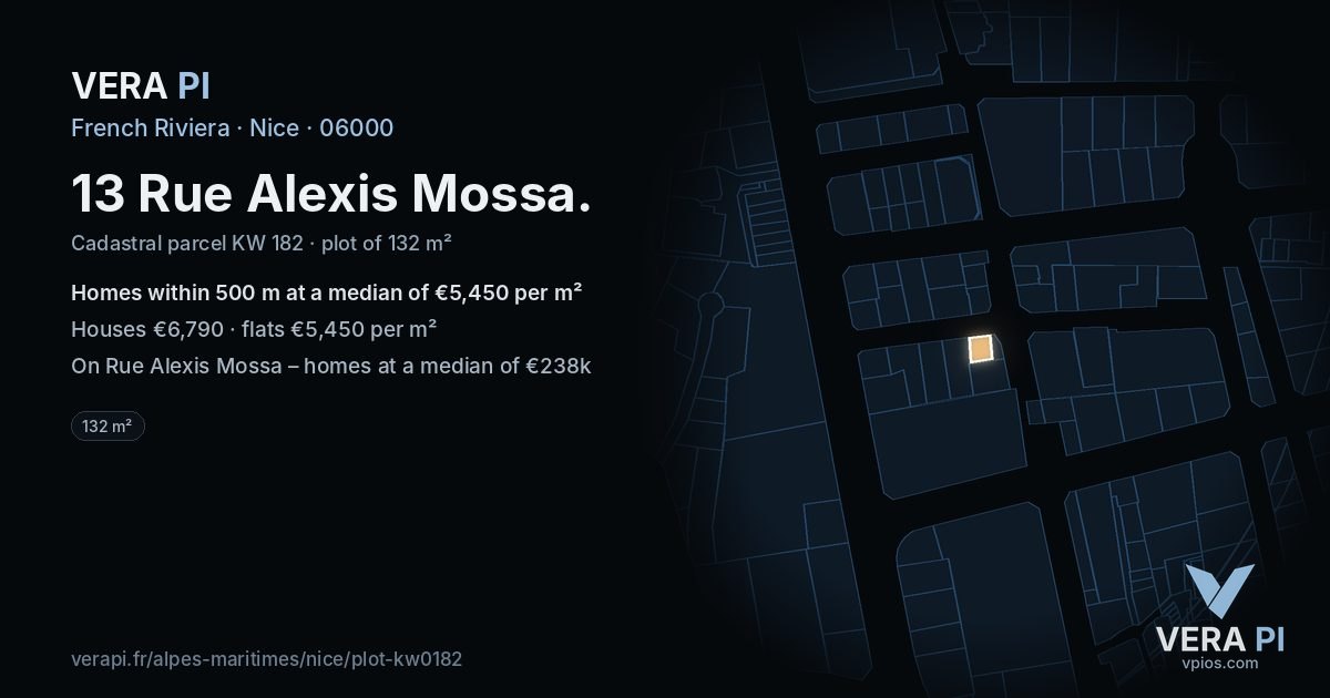 13 Rue Alexis Mossa, Nice at night – the plot lit, the parcels around coloured by the prices near them