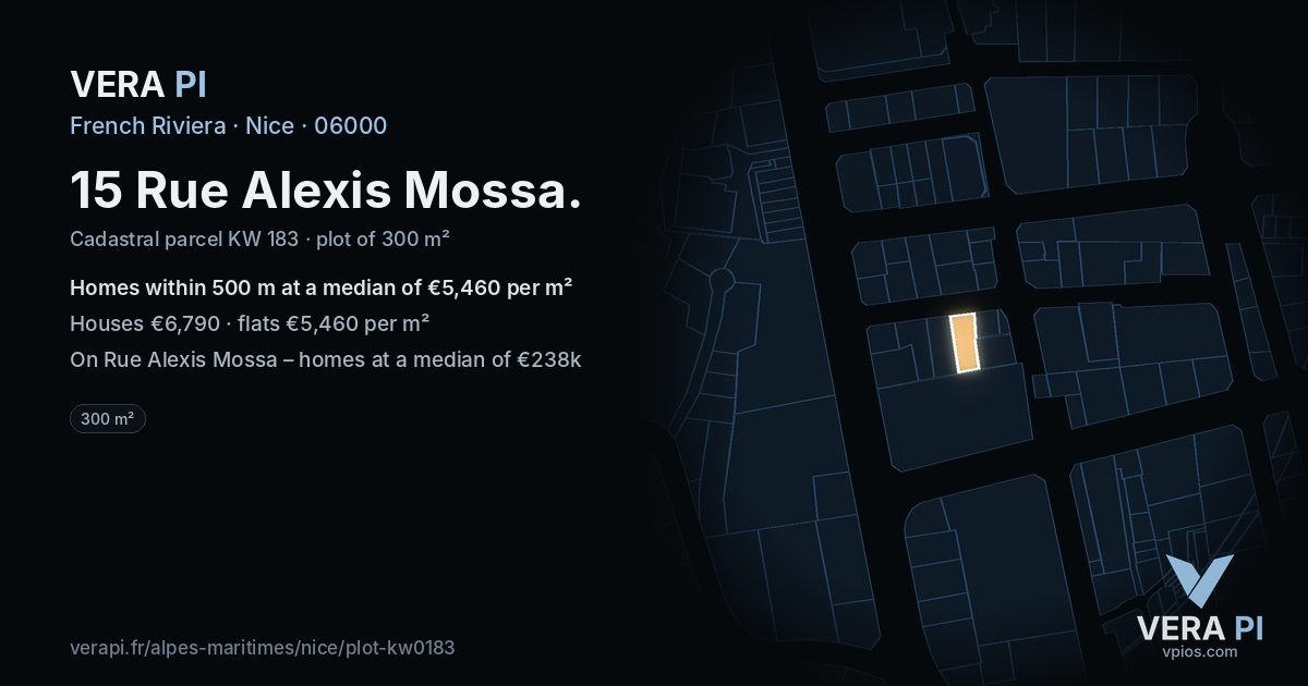 15 Rue Alexis Mossa, Nice at night – the plot lit, the parcels around coloured by the prices near them