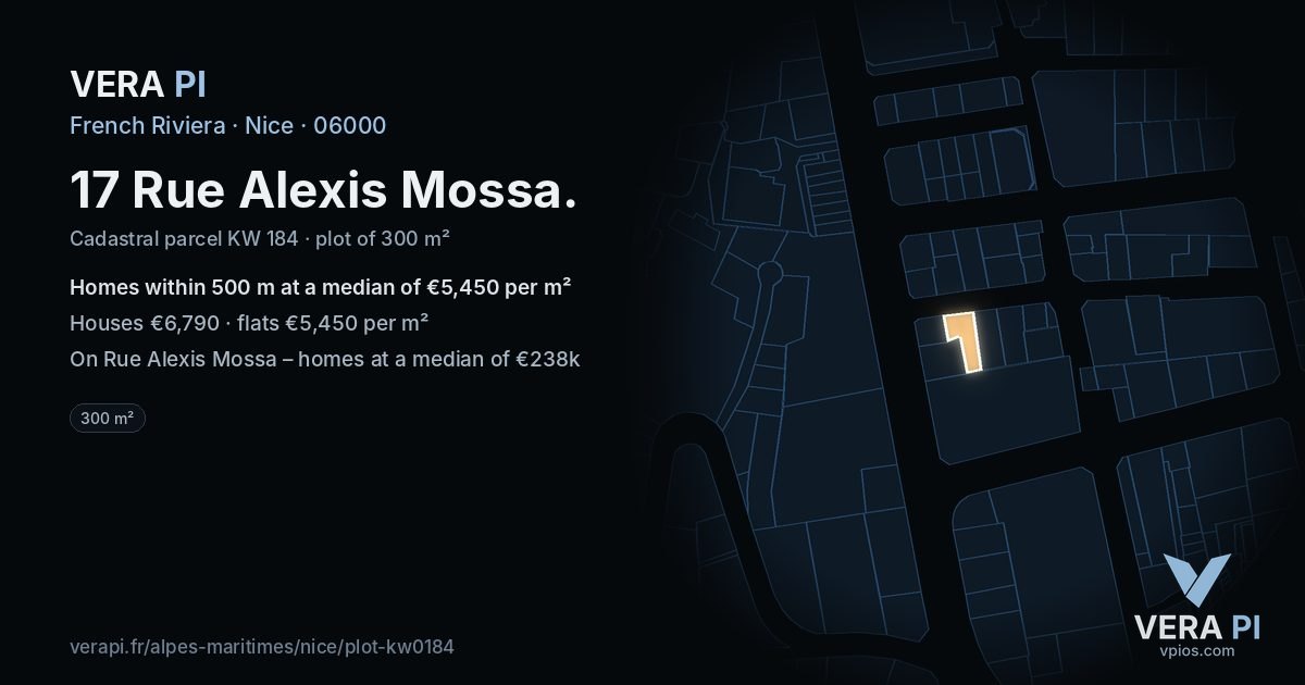 17 Rue Alexis Mossa, Nice at night – the plot lit, the parcels around coloured by the prices near them