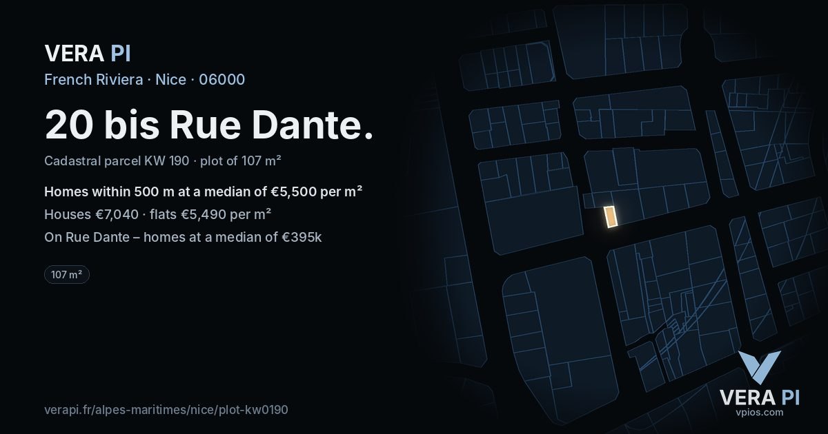20 bis Rue Dante, Nice at night – the plot lit, the parcels around coloured by the prices near them