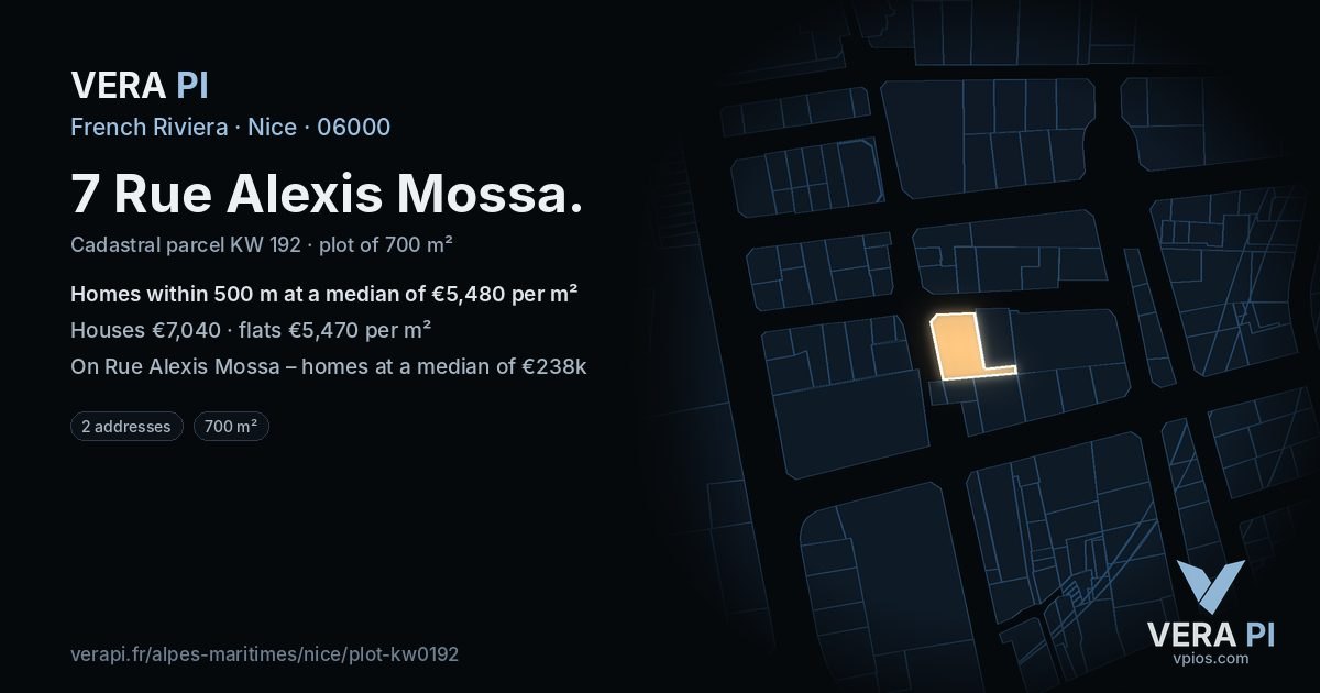 7 Rue Alexis Mossa, Nice at night – the plot lit, the parcels around coloured by the prices near them