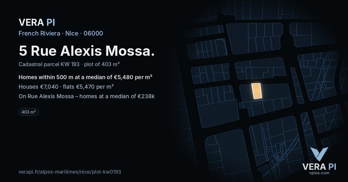 5 Rue Alexis Mossa, Nice at night – the plot lit, the parcels around coloured by the prices near them
