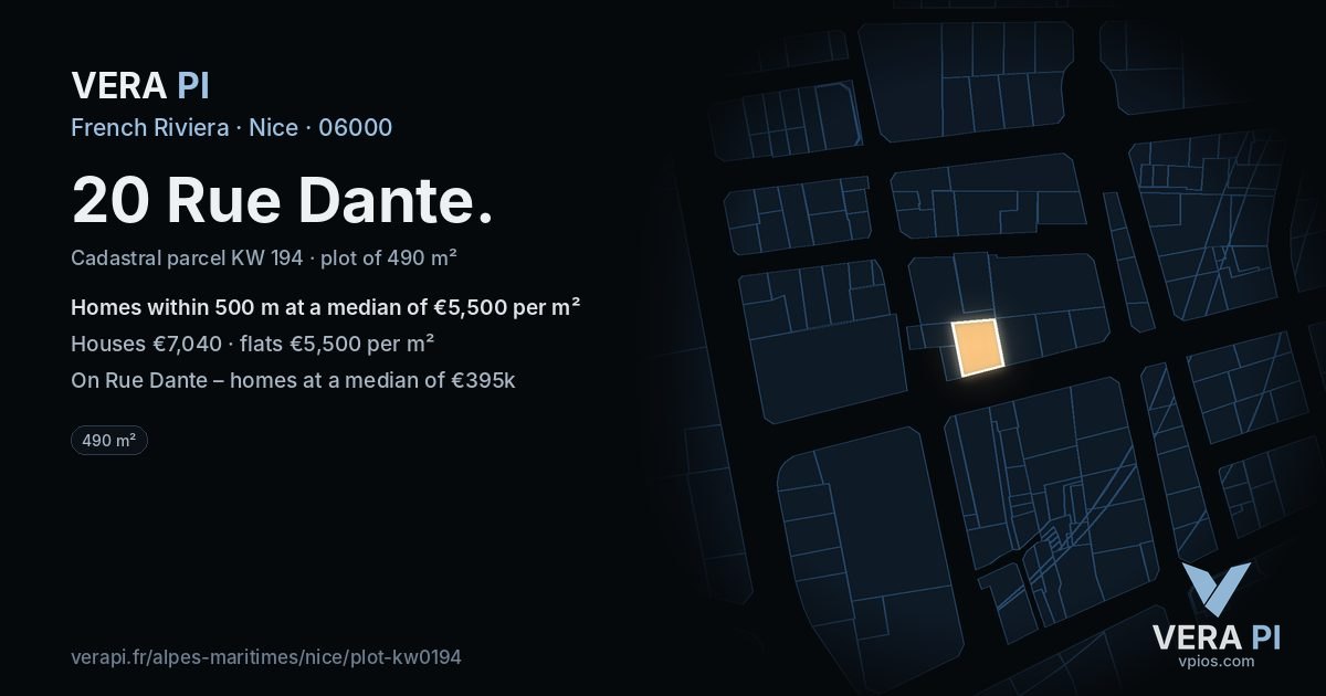 20 Rue Dante, Nice at night – the plot lit, the parcels around coloured by the prices near them