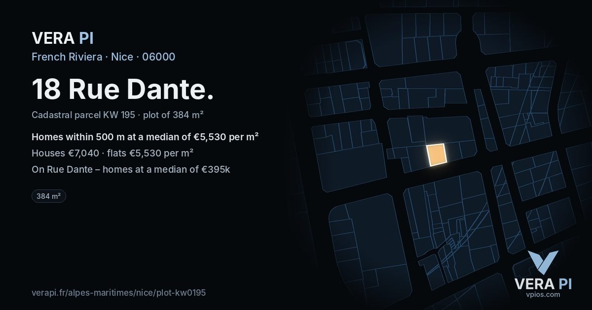 18 Rue Dante, Nice at night – the plot lit, the parcels around coloured by the prices near them
