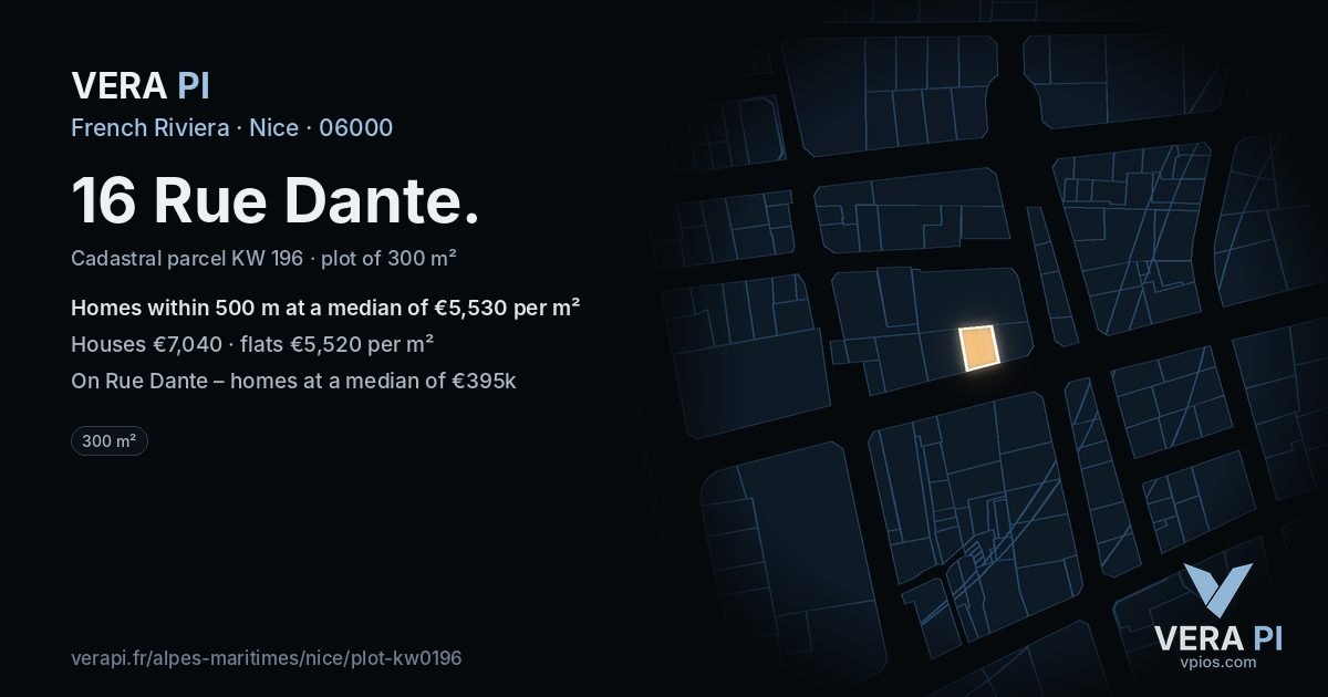 16 Rue Dante, Nice at night – the plot lit, the parcels around coloured by the prices near them