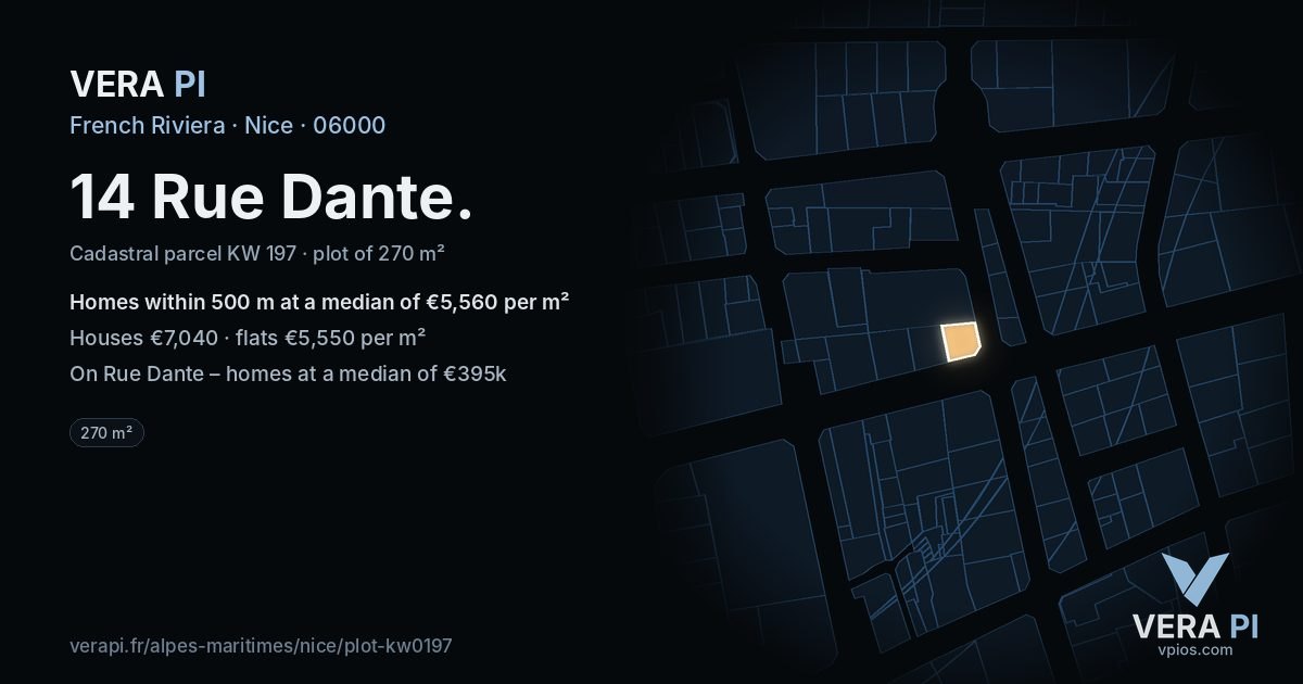 14 Rue Dante, Nice at night – the plot lit, the parcels around coloured by the prices near them