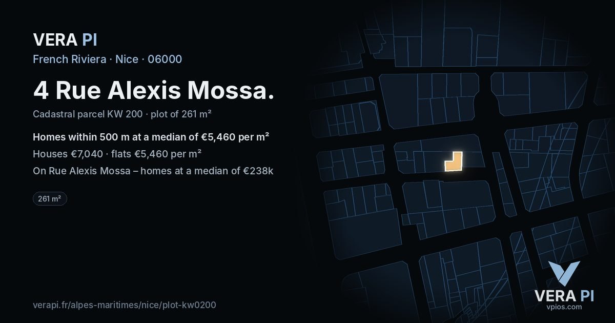 4 Rue Alexis Mossa, Nice at night – the plot lit, the parcels around coloured by the prices near them