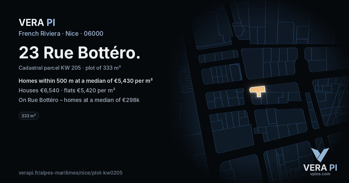 23 Rue Bottéro, Nice at night – the plot lit, the parcels around coloured by the prices near them