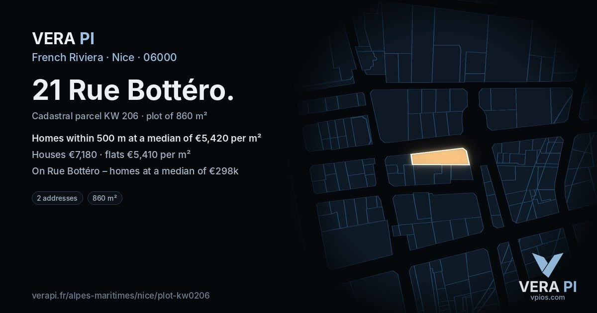 21 Rue Bottéro, Nice at night – the plot lit, the parcels around coloured by the prices near them