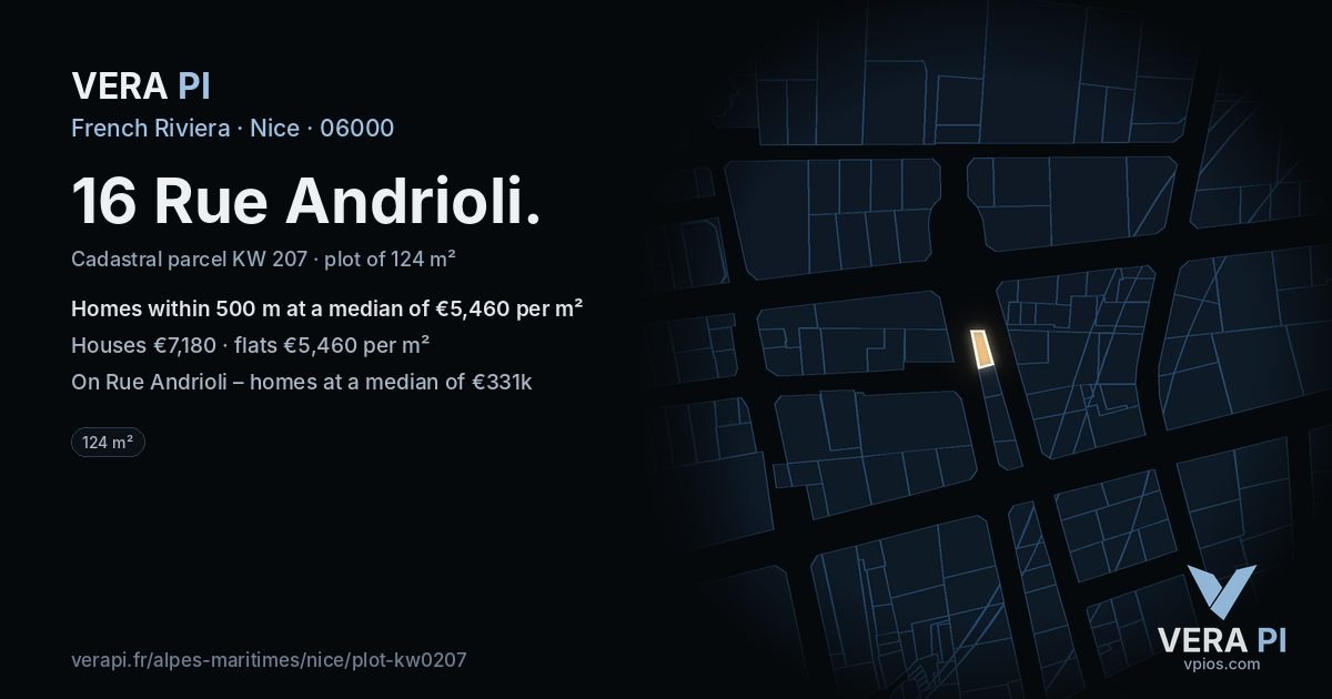 16 Rue Andrioli, Nice at night – the plot lit, the parcels around coloured by the prices near them