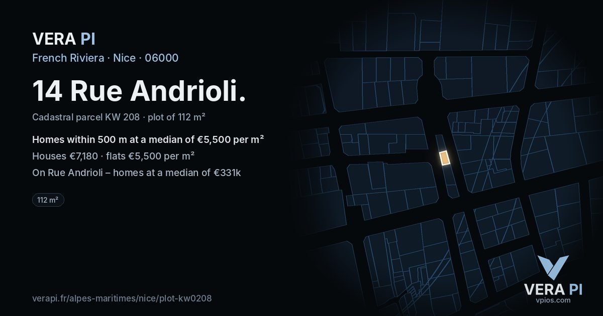 14 Rue Andrioli, Nice at night – the plot lit, the parcels around coloured by the prices near them