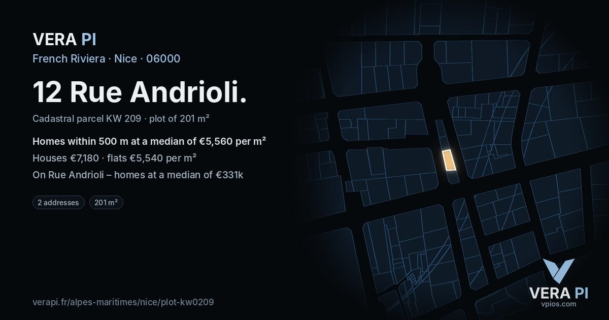 12 Rue Andrioli, Nice at night – the plot lit, the parcels around coloured by the prices near them