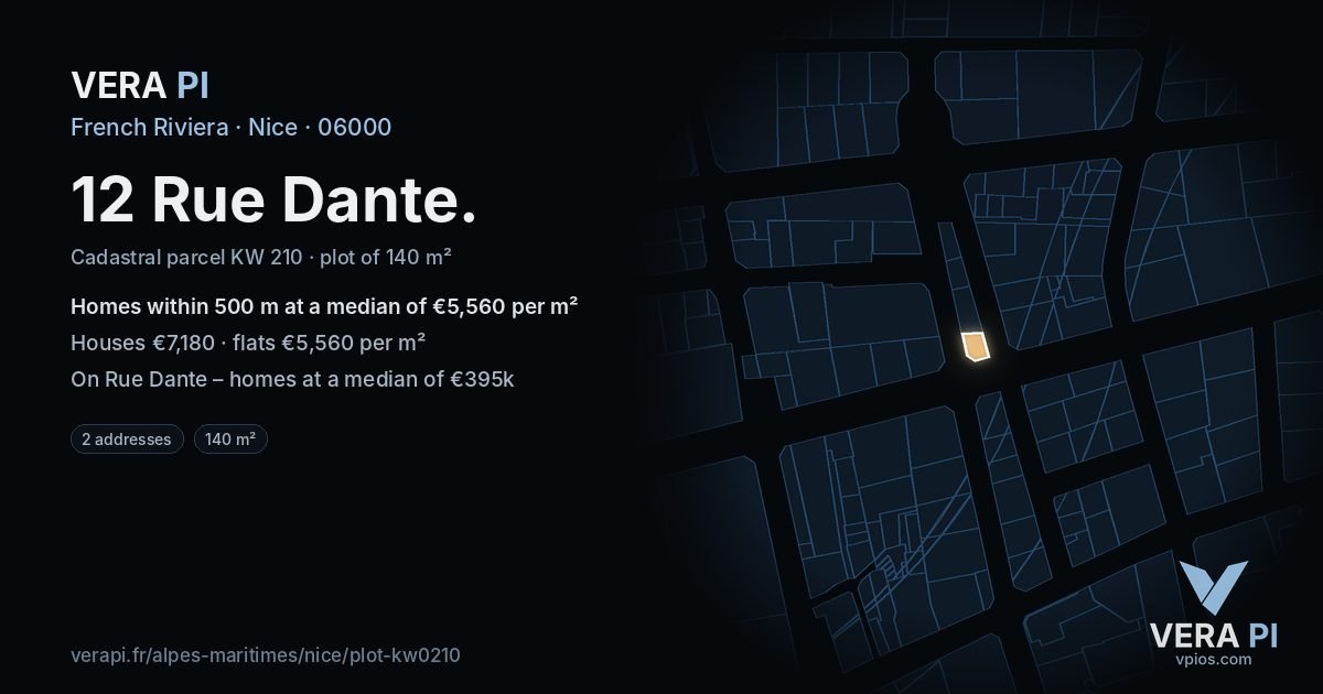 12 Rue Dante, Nice at night – the plot lit, the parcels around coloured by the prices near them