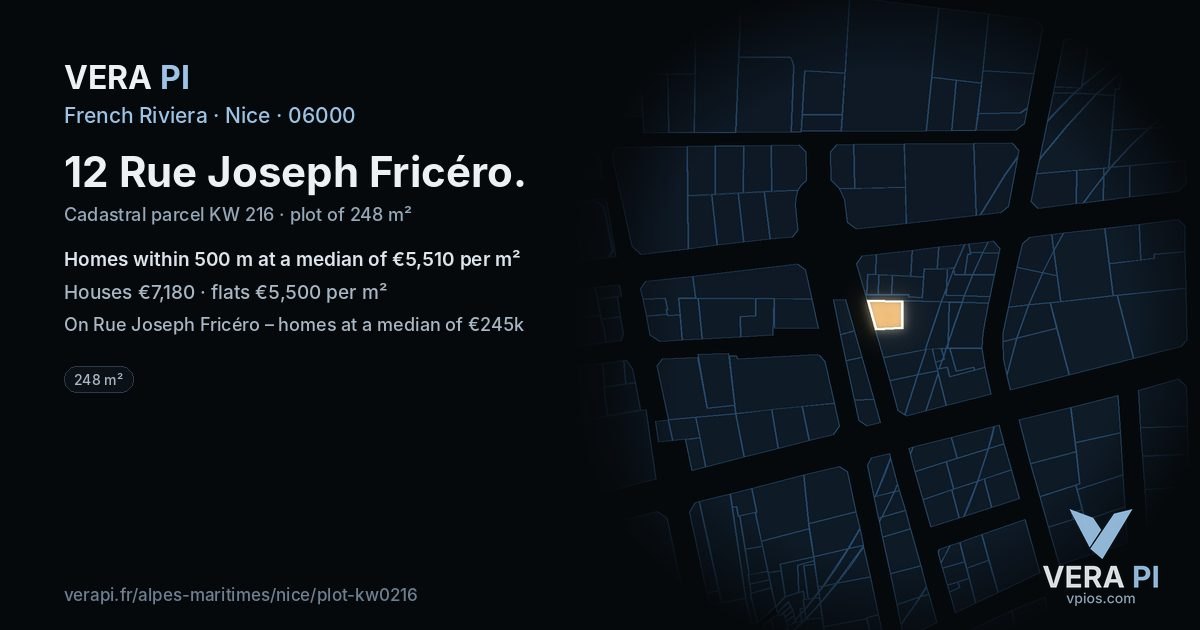12 Rue Joseph Fricéro, Nice at night – the plot lit, the parcels around coloured by the prices near them
