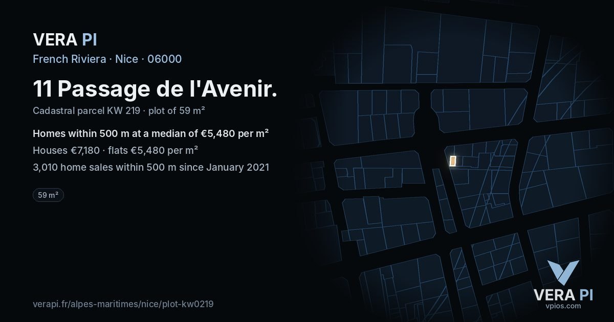 11 Passage de l'Avenir, Nice at night – the plot lit, the parcels around coloured by the prices near them