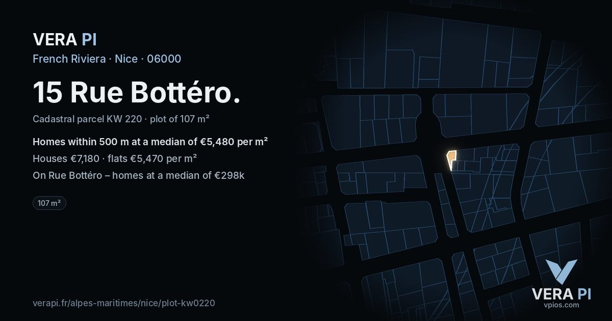 15 Rue Bottéro, Nice at night – the plot lit, the parcels around coloured by the prices near them