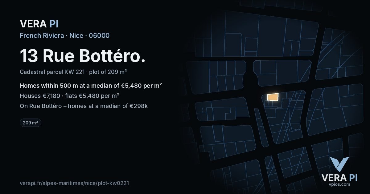 13 Rue Bottéro, Nice at night – the plot lit, the parcels around coloured by the prices near them