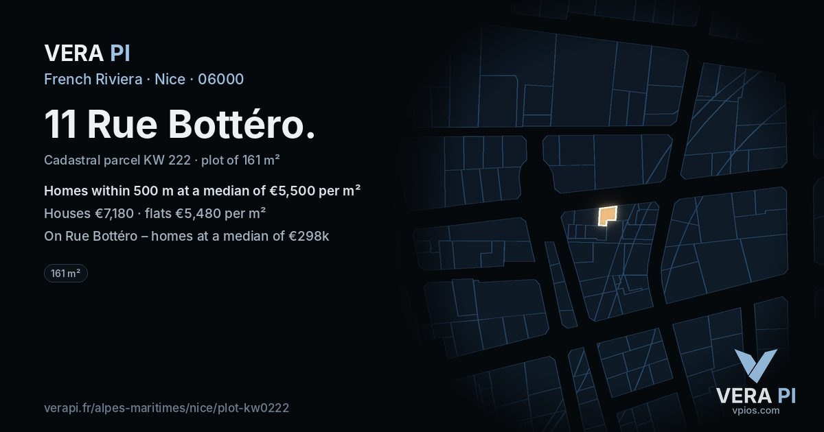 11 Rue Bottéro, Nice at night – the plot lit, the parcels around coloured by the prices near them