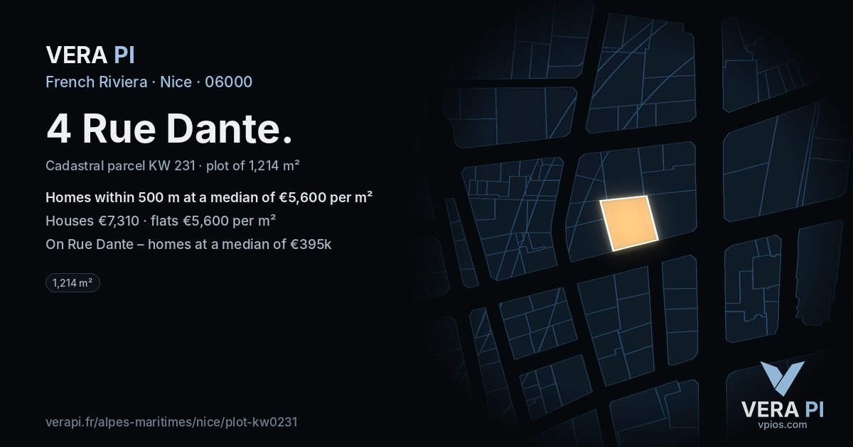 4 Rue Dante, Nice at night – the plot lit, the parcels around coloured by the prices near them